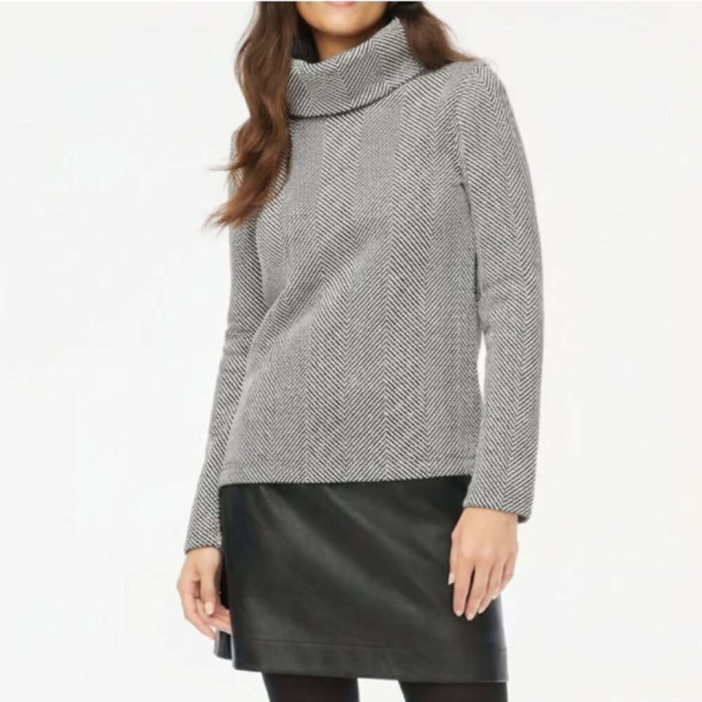 J. Crew Factory Women's M Black White Herringbone Funnelneck Pullover Sweater